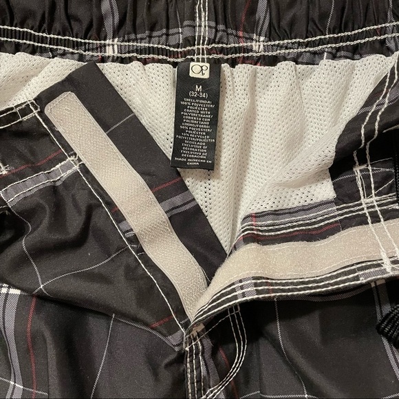 OP Black White Red Board Shorts Swim Trunks Windowpane pattern mesh lining Med - Picture 12 of 13
